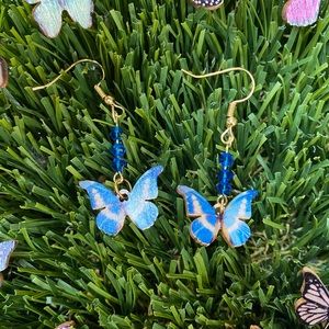 Wooden butterfly earrings with blue glass beads 🦋✨